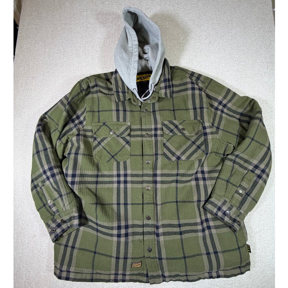 Brazos Mens 2XL Green Workforce Plaid Quilted Hooded Flannel Button Up Jacket